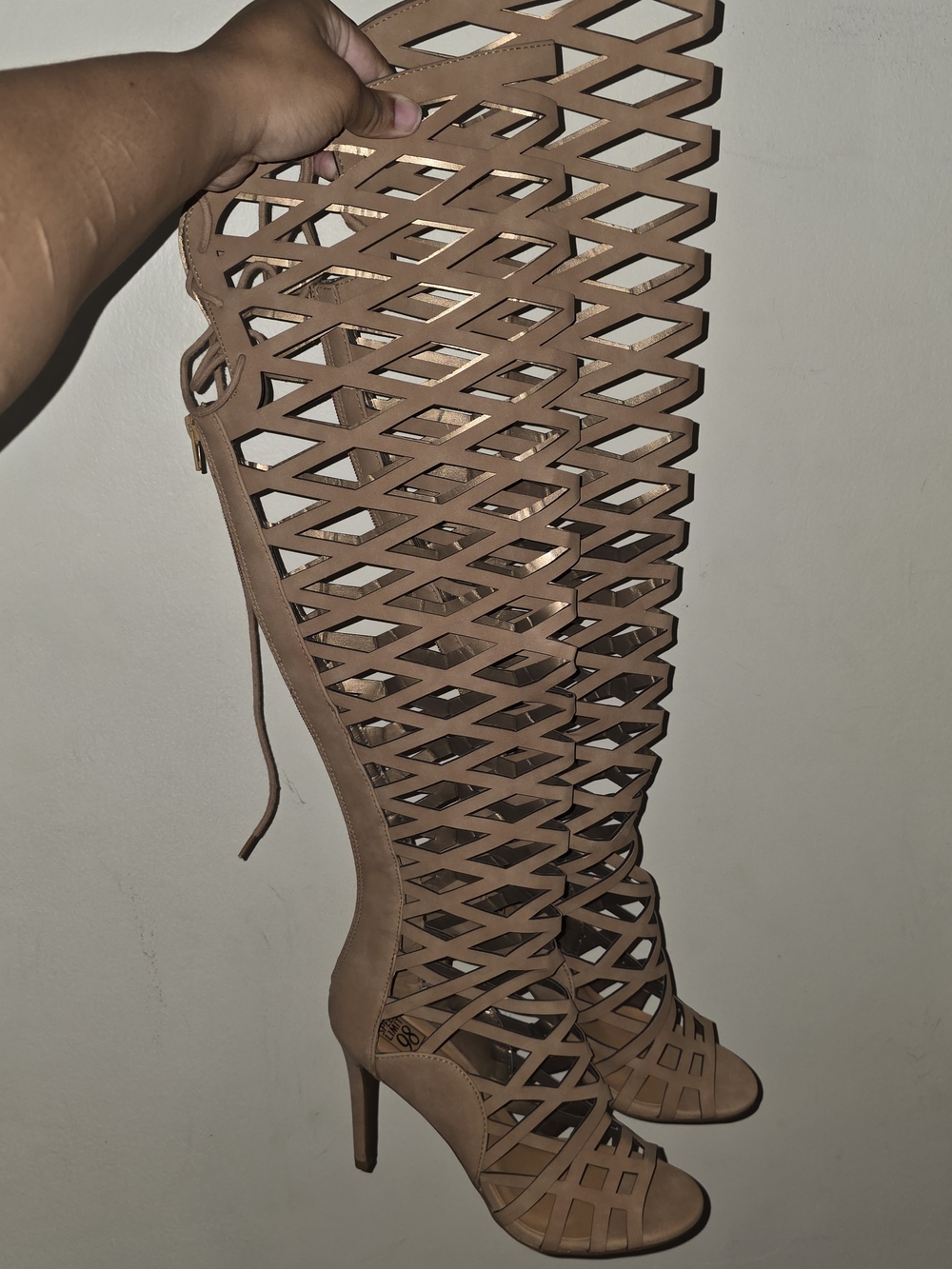 Speed Limit 98 Tan Lattice Knee-High Gladiator Heels